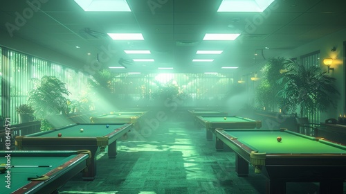 The interior of a stylish club features billiard tables with green cloths