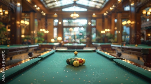 In a stylish club, there are billiard tables covered in green cloth