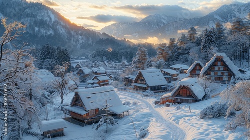 An image of Hatotani village seen in winter in Shirakawa, Japan