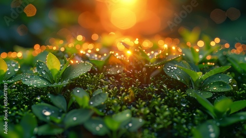 Water droplets on moss with a sunset background.
