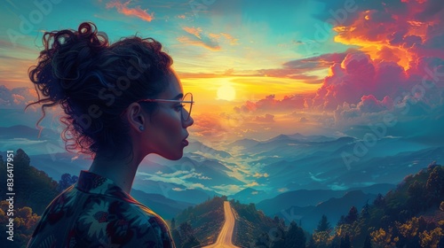An image of a woman with a jacket and glasses and mountains in the distance