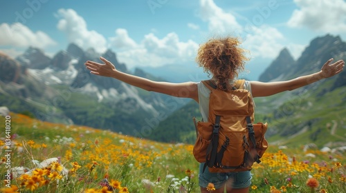 Woman standing in nature with open hands in summer with her back to the mountains. Eco-friendly, summer landscape active rest, woman in the mountains.