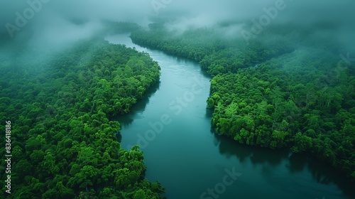 Dark green forest and river in a rainforest. Natural ecosystem in a rainforest. Aerial view of natural forest conservation.