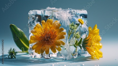 Blue background with ice cubes and frozen yellow dandelion flowers.