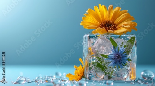 Yellow dandelion and yellow and blue flower on blue background of an ice cube.