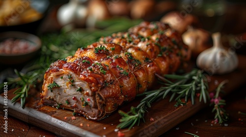 This beautifully roasted pork fillet is wrapped in herbs and ham, with a wood board in the background with thyme, rosemary, sage and garlic in the background.