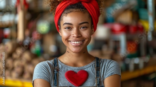 At a charity center, an african-American woman wearing a uniform is doing a heart symbol with her hands