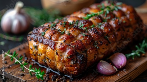 The wooden board is decorated with garlic, thyme, sage, rosemary, and herbs, including delicious roasted pork fillet wrapped in herbs and ham.