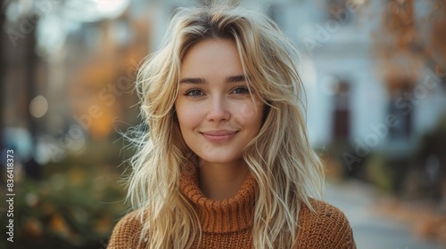 Woman standing on street smiling confidently