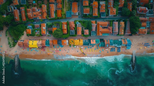 A beautiful flight over the beach in Katwijk aan Zee in summer. People are resting near the sea. Tourist houses. Beach umbrellas, rides, and people swimming in the sea. Beach in Netherlands. North