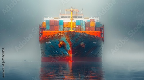 Containers adorn the massive hull of a huge cargo ship