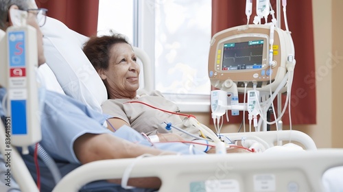 Senior woman receiving dialysis treatment, laying in a hospital bed connected to medical equipment, smiling in a calm and reassuring environment.