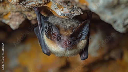 In the background is a blurry blurry background. Close up of a horseshoe bat looking and hanging upside down in a cold natural rock cave in preparation for hibernation.