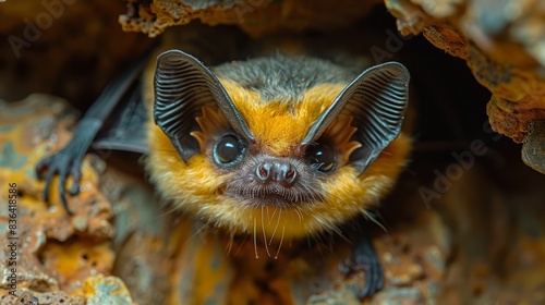 Photograph of an awake horseshoe bat hanging upside down above a cold rock cave preparing for hibernation. Creative wildlife photography. Blurry background beautifully illuminated.