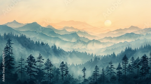 Forest with mountains in the background in a painting