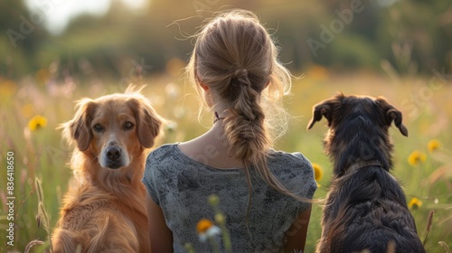 She is training two dogs in the green meadow