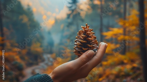 Concept of a woman holding a pine cone in front of a nature background, traveling