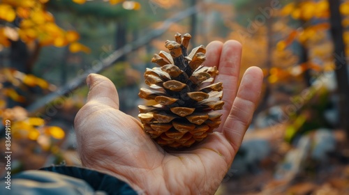 Hand holding pine cone with nature background, travel concept