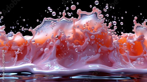 An orange pink liquid splash, swirl, and wave with scatter drops. Royalty free stock of paint, oil, or ink splashing dynamic motion, banner design elements isolated on black.