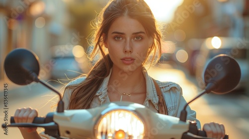 An attractive brunette woman is riding an electric scooter in town during the summer