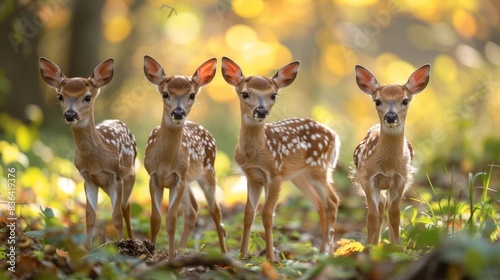The deer in the forest are so beautiful and so cute. They are looking for food. It is great to see so many young deer.