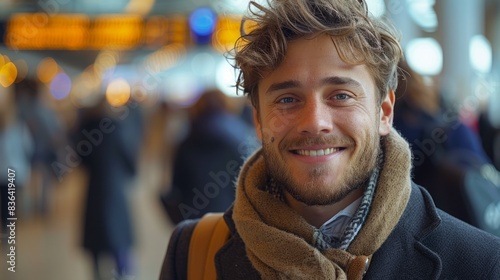 In this portrait, a young handsome businessman (student) is smiling, happy, at the station, and at the airport. Concept: new business, travel around the world, communication, contacts, and business