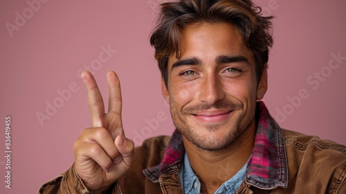 Secondly, view of a young handsome man in casual clothing smiling with a happy face winking at the camera and making the victory sign.