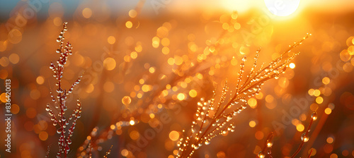 A close-up of nature marshland reeds with water droplets glistening in the early morning light