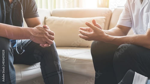 Two men engaging in a serious conversation on a couch, emphasizing communication and support in a comfortable setting with natural light.