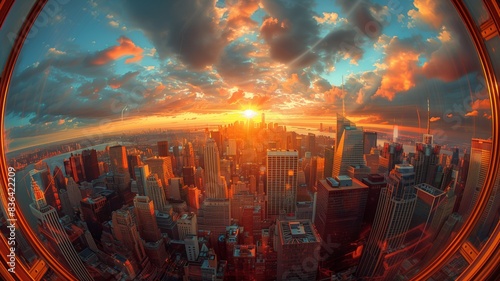City skyline at sunset through fish-eye lens