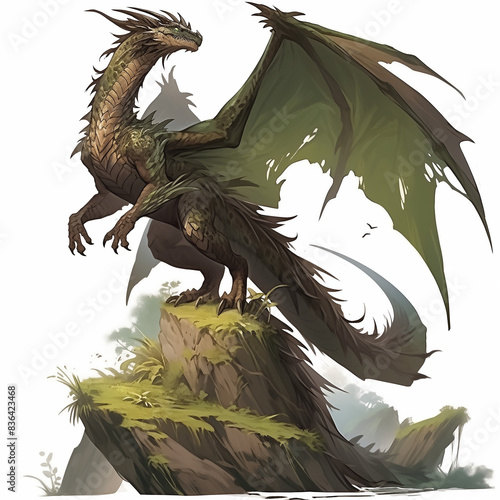 Green dragon, a mythical creature, with its membranous wings spread.