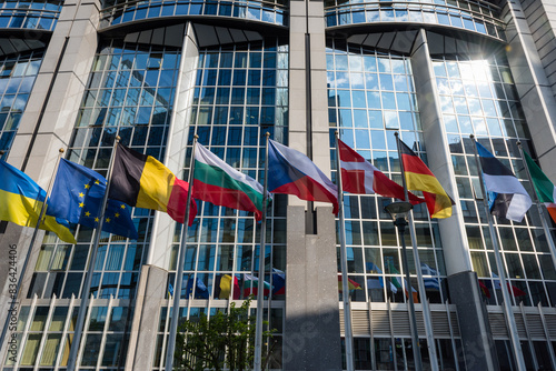 Fluttering flags of the countries of the European Union in a row in Brussels, Belgium. Close up 