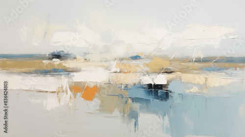 Abstract coastal landscape in hues of blue and gold. Minimalist art background