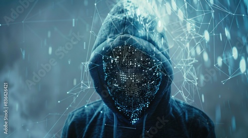 faceless person in hoodie with digital safety system interface. Anonymous access and face recognition concept