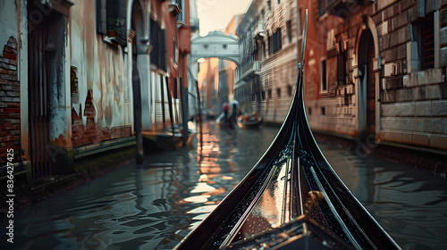 Tranquil Evening Gondola Ride Through Venice Canals with Historic Buildings and Bridge in Italy