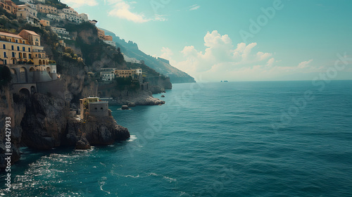 Stunning coastal view of Amalfi Coast in Italy with scenic cliffs and picturesque town against a serene blue sea under a bright sky