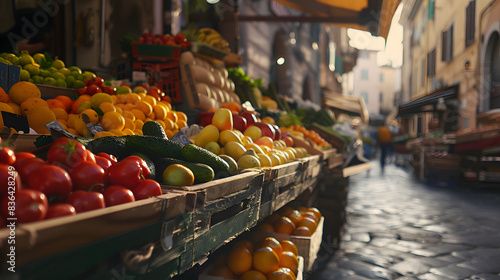 Colorful Fresh Fruit and Vegetable Stand in a Traditional Italian Market Street, Early Morning Atmosphere