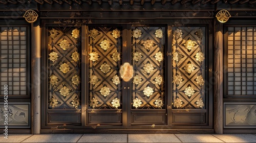 Luxurious entrance lobby, Japanese-style doors with gold elements.