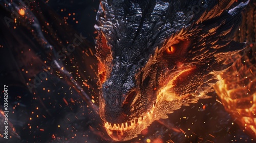 A fiery close-up of a mythical fire-breathing dragon's face, with flames illuminating its features
