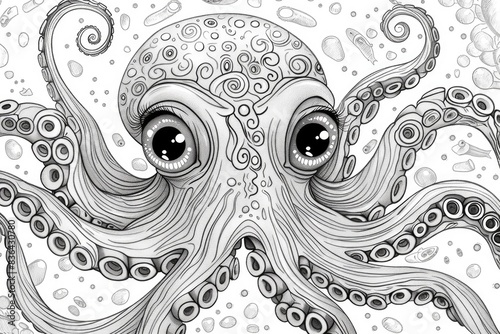 A detailed black and white drawing of an octopus's body and tentacles