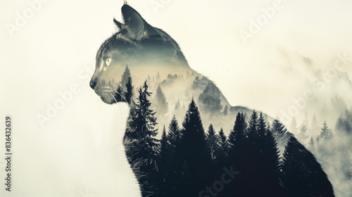 cat in double exposure of forest mountains