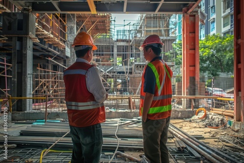 Two men standing together on a busy construction site, hard hats and safety vests visible