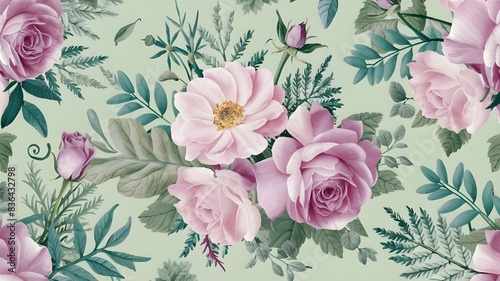 Floral Theme: A delicate arrangement of pale pink and purple roses, complemented by a variety of green foliage. Color Palette: Soft hues dominate, with a light green background that enhances the flo