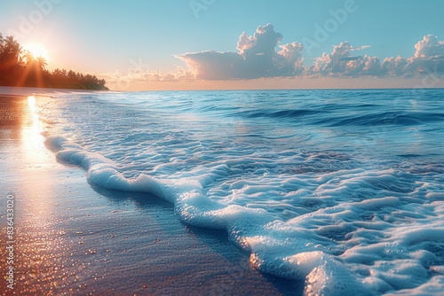 A peaceful beach with gentle waves lapping at the shore. Concept of coastal environments and relaxation. Generative Ai.