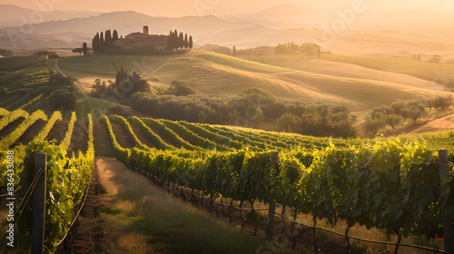 Scenic vineyard landscape at sunrise in Tuscany, Italy with rolling hills, cypress trees, historic villa, and lush grapevines