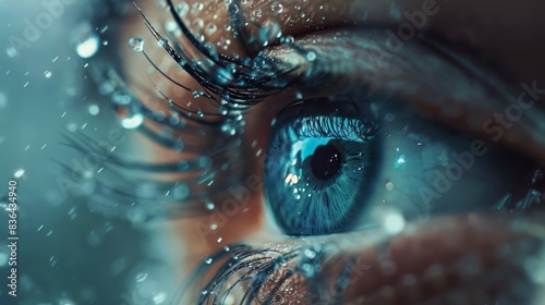 Close-up of a human eye with blue iris and water droplets. Macro shot photography for design and print.