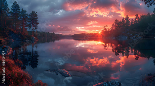 A nature archipelago during sunset, the sky ablaze with colors, and the water reflecting the hues