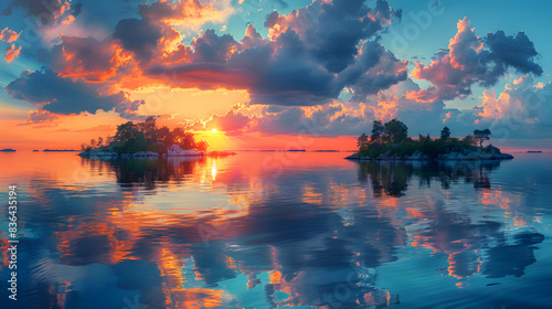 A nature archipelago during sunset, the sky ablaze with colors, and the water reflecting the hues