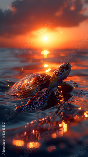 A nature archipelago scene with a sea turtle swimming near the surface, the sun setting in the background