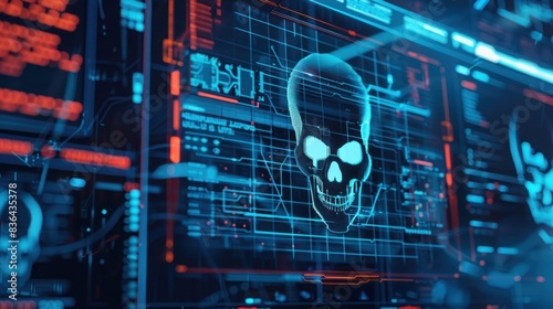 Cyber attack with skull symbol on screen for alert